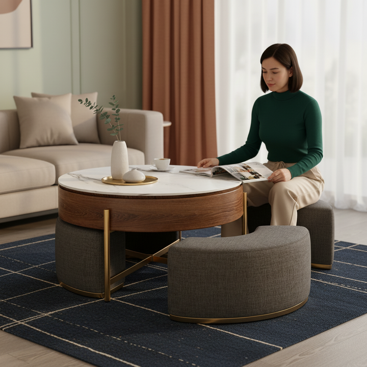 Modern Lift-Top Round Coffee Table with Hidden Storage, Walnut Veneer & Sintered Stone Top,3 Upholstered Nesting Ottomans, Space-Saving Design