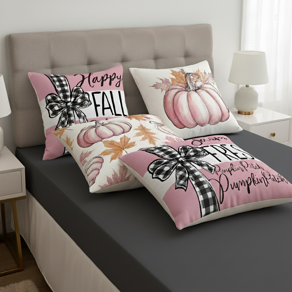Farmhouse Pink Pumpkin Maple Leaf 18x18in Pillow Cover Set – Autumn Harvest Decor | Cushion Case | Trufairs