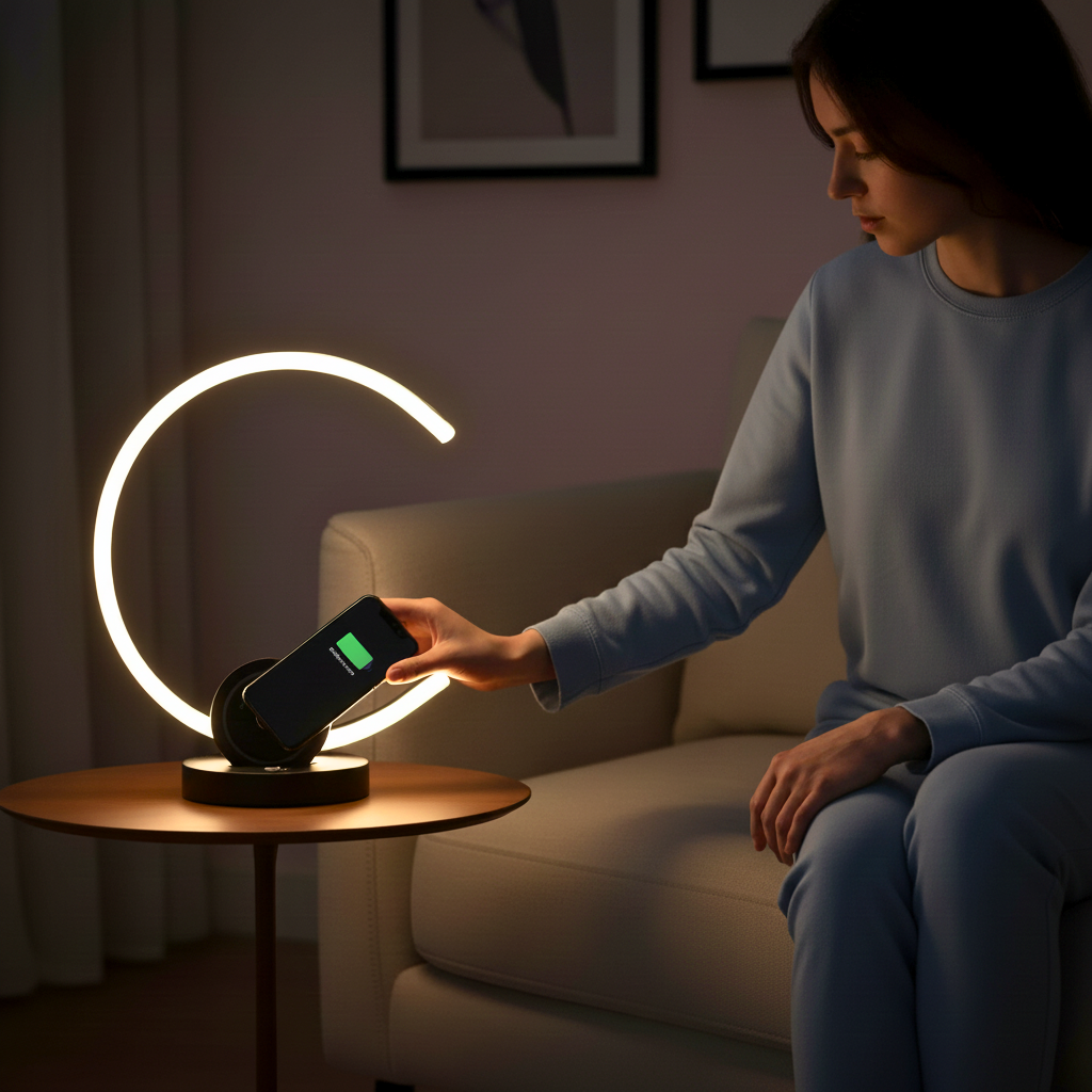 13.25" In Modern C Shape Led W/ Usb/Wireless Charger Port & Touch Dimmer Black Table Lamp