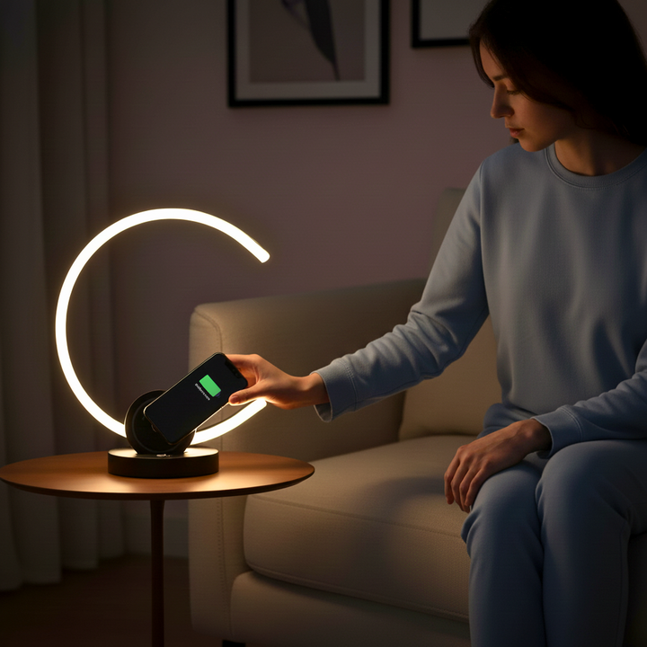 13.25" In Modern C Shape Led W/ Usb/Wireless Charger Port & Touch Dimmer Black Table Lamp