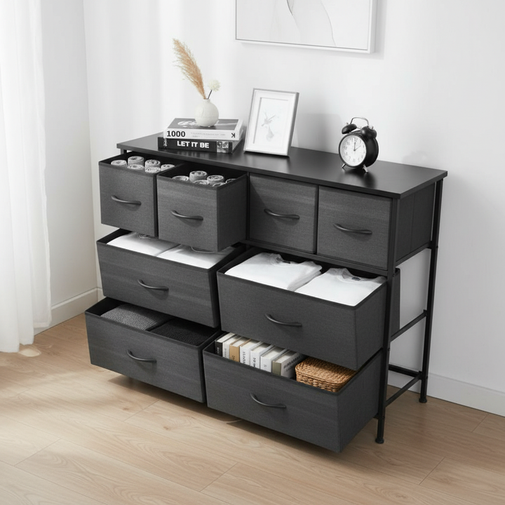 Modern 8-Drawer Black Wood Grain Non-Woven Storage Cabinet – Space-Saving Home Organizer | Trufairs