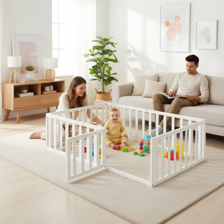 Twin Size Montessori Floor Bed Frame with Fence & Door – Secure Kids Playhouse Bed | White Wood Toddler Bed | Trufairs