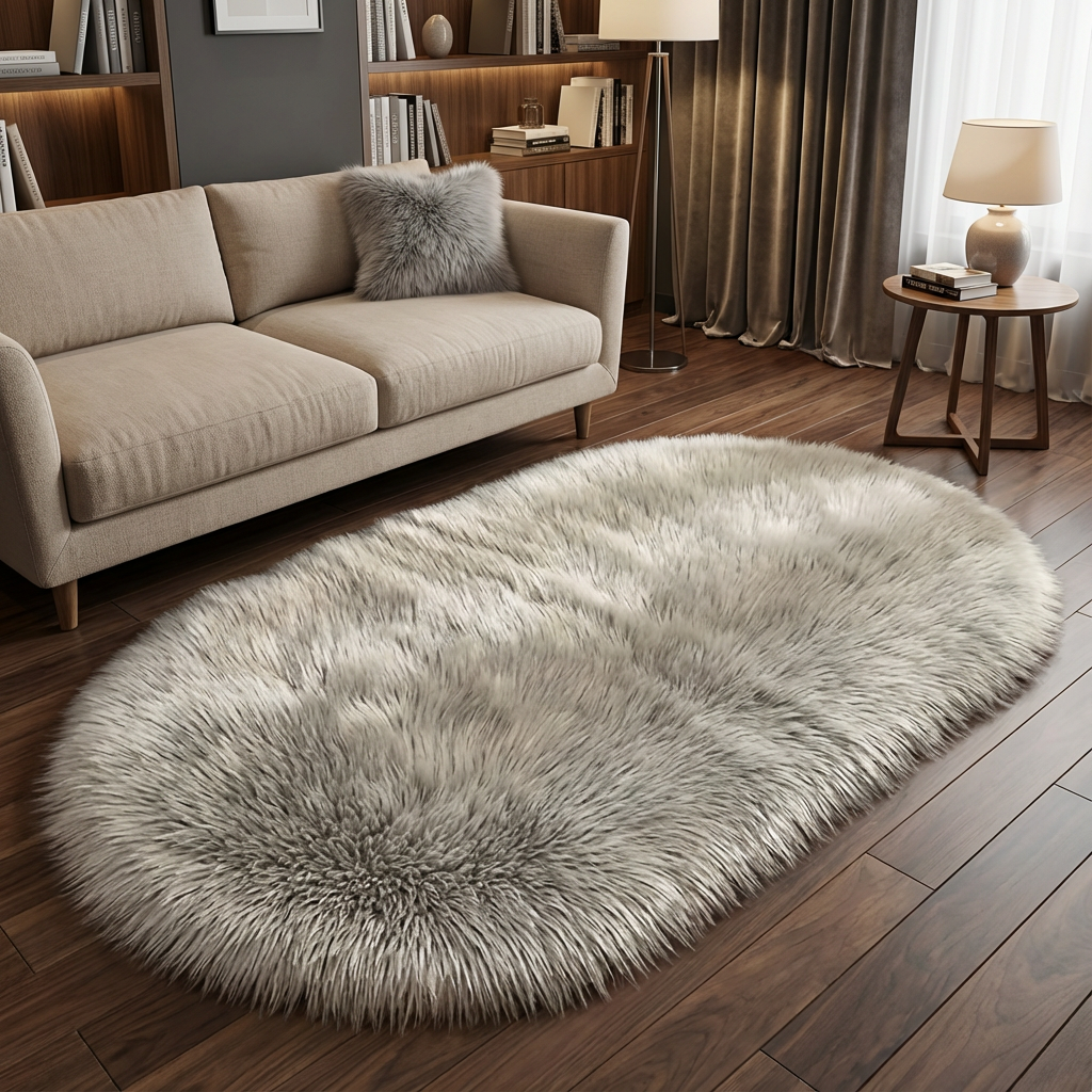 Plush Oval Faux Sheepskin Rug – Super Soft Cozy Accent | Bedroom Living Room Carpet | Trufairs