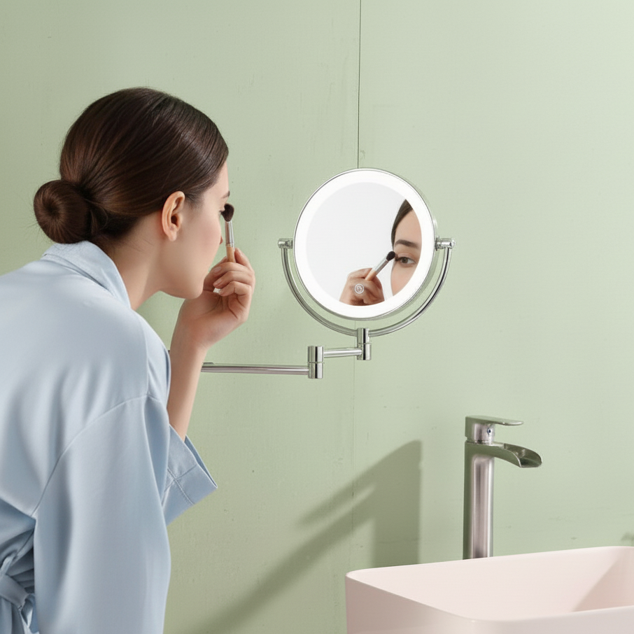 8 Inch LED Wall Mount Two-Sided Magnifying Makeup Vanity Mirror  Extension Finish 1X/3X Magnification Plug 360 Degree Rotation Waterproof Button Shaving Mirror