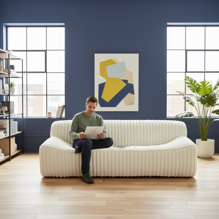 Contemporary Cream Sofa – Plush Cord-Style Fabric & Ash Wood | Living Room Seating | Trufairs