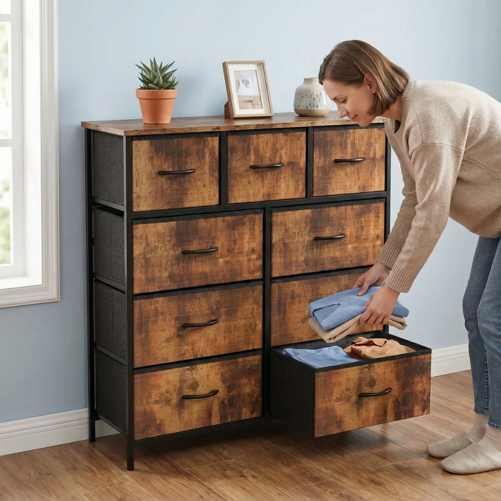 Tall 9-Drawer Fabric Dresser – Metal Frame, Wooden Top Organizer | Bedroom & Nursery Storage Tower | Trufairs