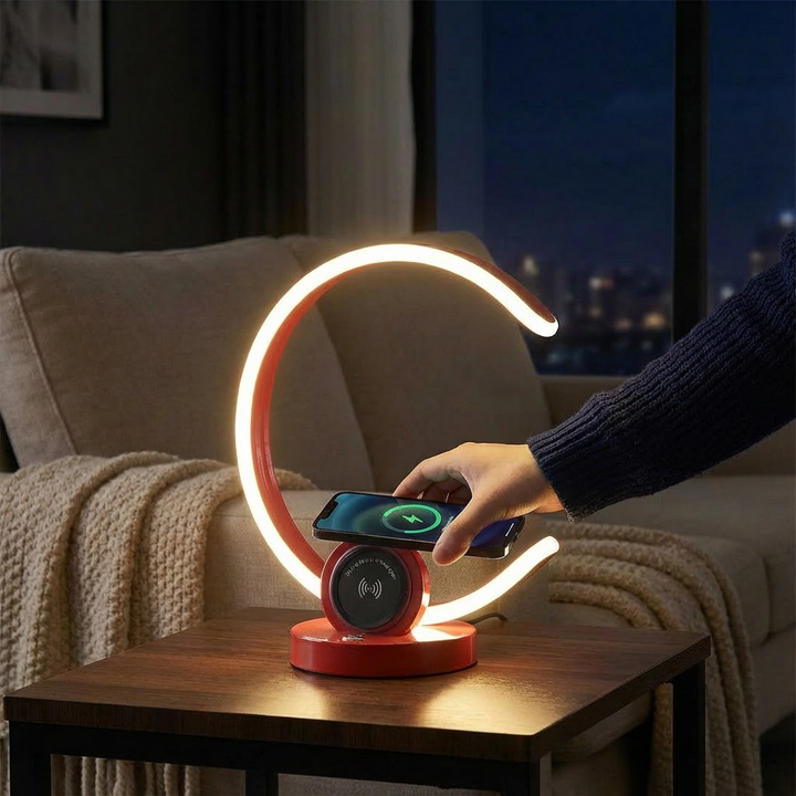 13.25" In Modern C Shape Led W/ Usb/Wireless Charger Port And Touch Dimmer Bright Red Table Lamp