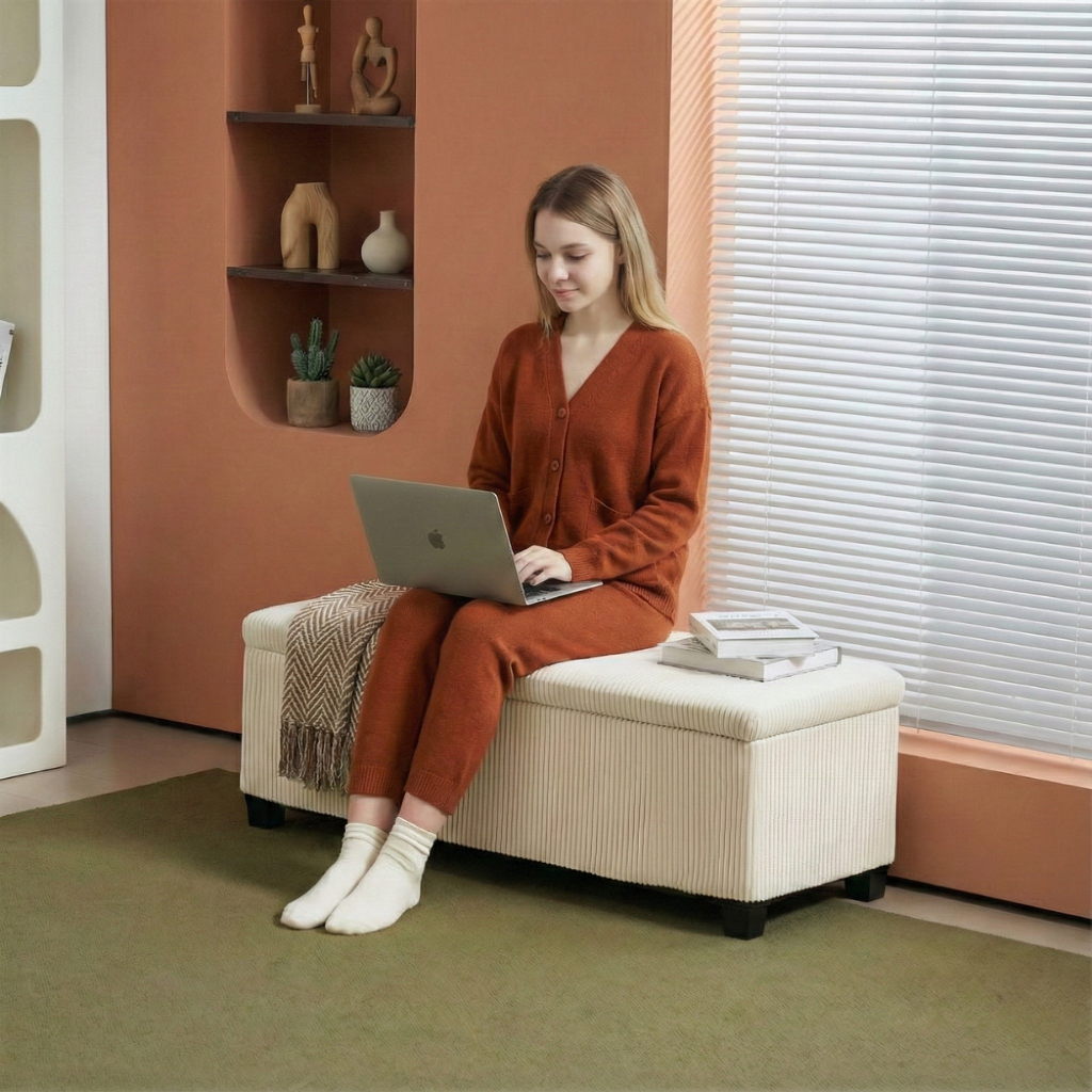 Beige Corduroy Storage Ottoman Bench with Hidden Storage – 47″ Modern Upholstered Footrest & End-of-Bed Bench | Trufairs