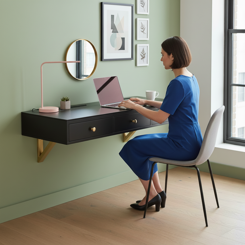 GO 47" Floating Shelf with Drawer, Multi-Purpose Wall-Mounted Vanity Table, Mounted Desk, Floating Table for Bedroom, Bathroom, Hairdressers, Black and Golden