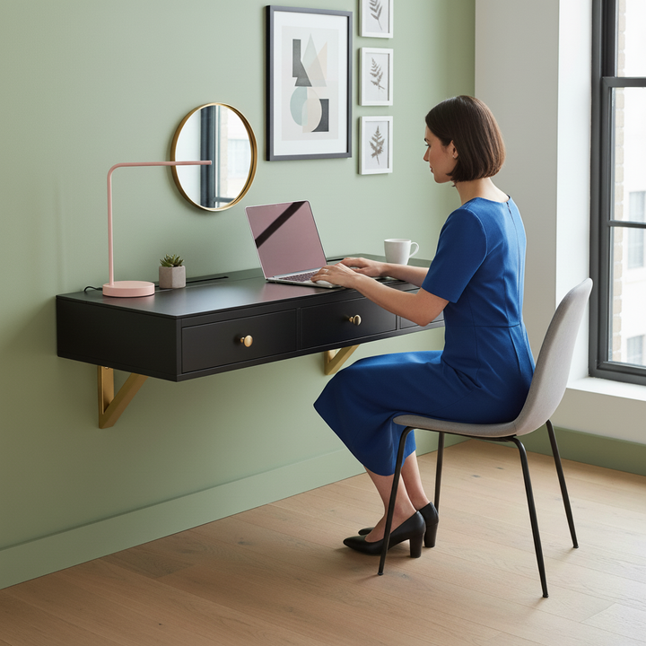 GO 47" Floating Shelf with Drawer, Multi-Purpose Wall-Mounted Vanity Table, Mounted Desk, Floating Table for Bedroom, Bathroom, Hairdressers, Black and Golden