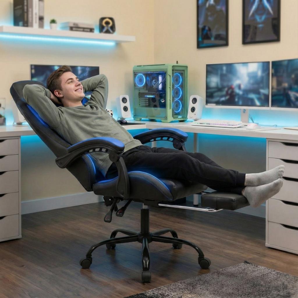 RGB LED Gaming Chair with Footrest – Adjustable Backrest & Lumbar Support | Racing Style Ergonomic Computer Chair | Trufairs