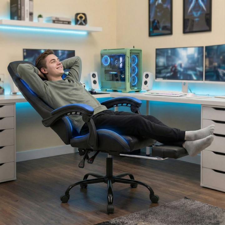 RGB LED Gaming Chair with Footrest – Adjustable Backrest & Lumbar Support | Racing Style Ergonomic Computer Chair | Trufairs