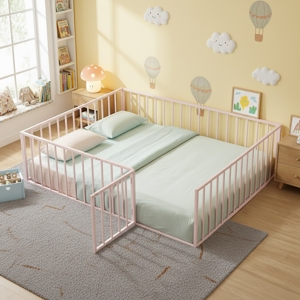 Queen Size Metal Floor Bed Frame with Fence and Door – Stylish Pink Platform Bed | Trufairs