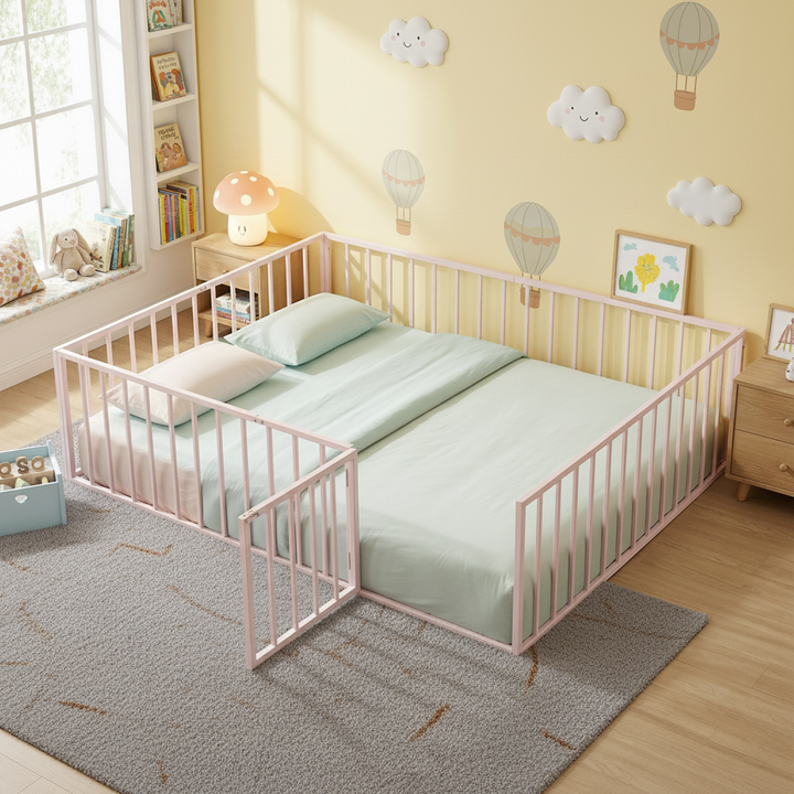 Queen Size Metal Floor Bed Frame with Fence and Door – Stylish Pink Platform Bed | Trufairs