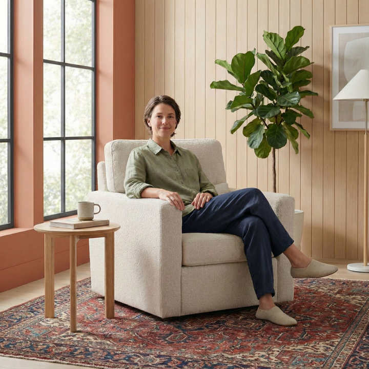 Modern Swivel Accent Chair – Plush Beige Boucle Upholstery & Solid Wood Base | Ergonomic Living Room Furniture | Trufairs