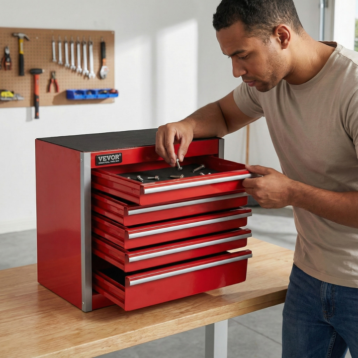Portable 5-Drawer Metal Tool Box Organizer – Compact Red Steel Storage for Tools & Small Parts | Trufairs