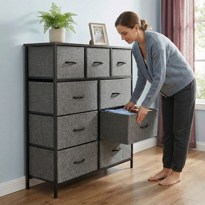 Tall 9-Drawer Fabric Dresser – Metal Frame, Wooden Top Organizer | Bedroom & Nursery Storage Tower | Trufairs