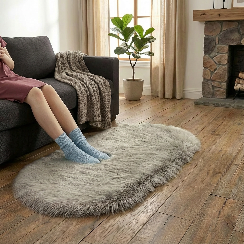 Plush Oval Faux Sheepskin Rug – Super Soft Cozy Accent | Bedroom Living Room Carpet | Trufairs