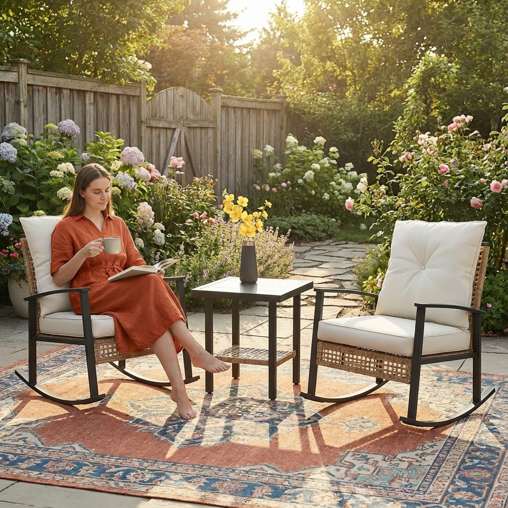 Outsunny 3-Piece White Wicker Bistro Set – Rocking Chairs & Coffee Table | Trufairs