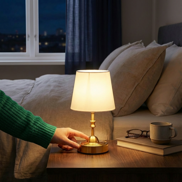 Cordless Table Lamp Rechargeable Battery Small Desk Lamp Fabric Shade Gold