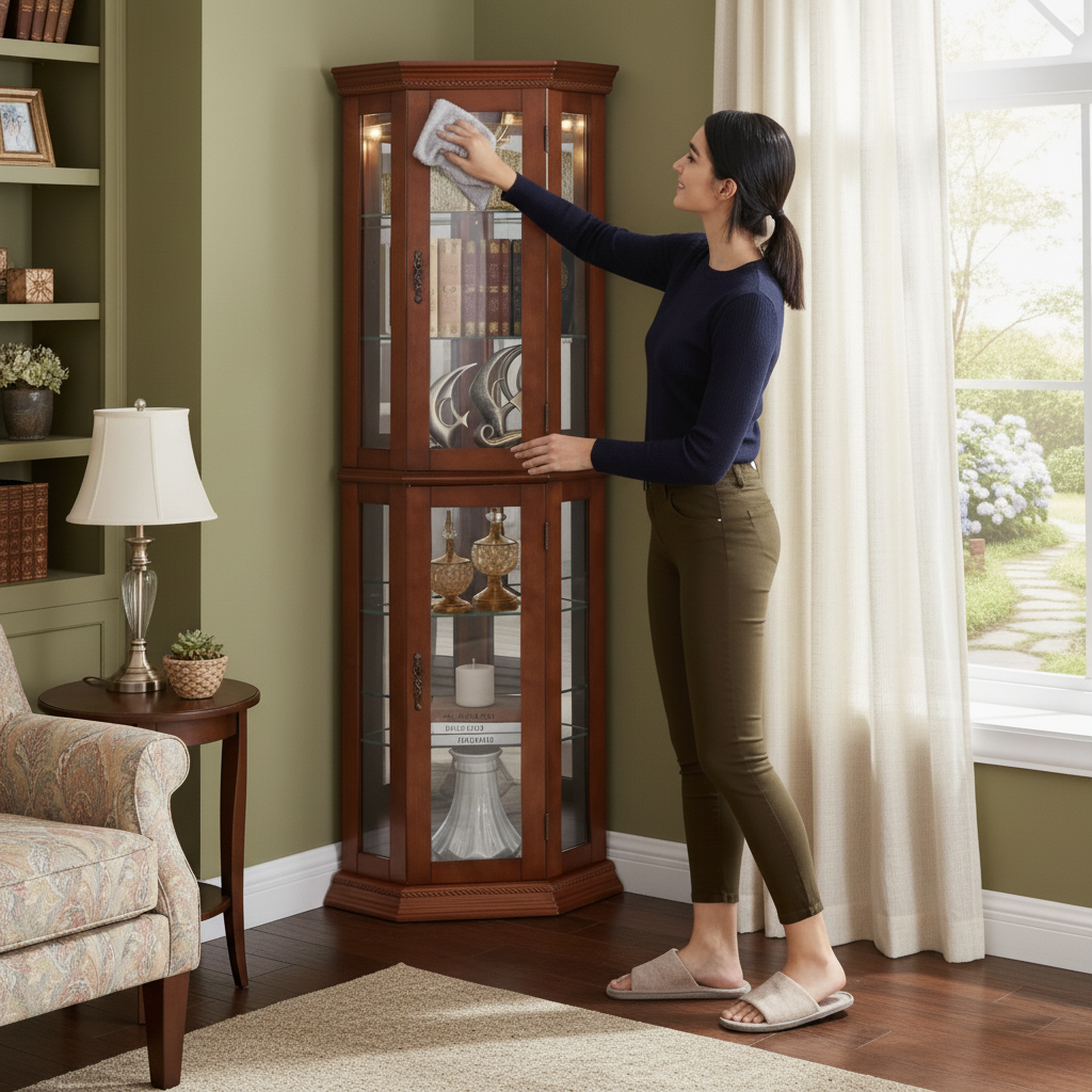 Corner Curio Cabinet with Lights, Adjustable Tempered Glass Shelves, Mirrored Back, Display Cabinet,Walnut (E26 light bulb not included)