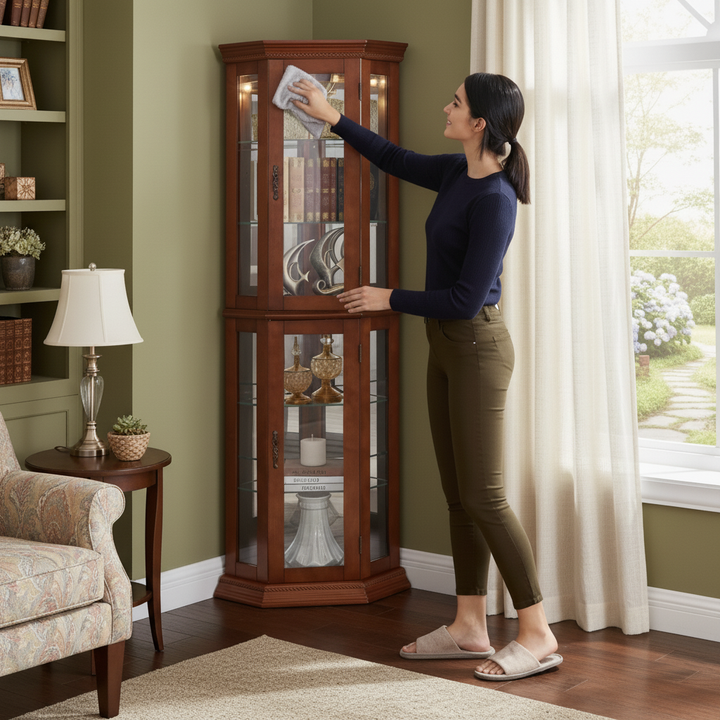 Corner Curio Cabinet with Lights, Adjustable Tempered Glass Shelves, Mirrored Back, Display Cabinet,Walnut (E26 light bulb not included)