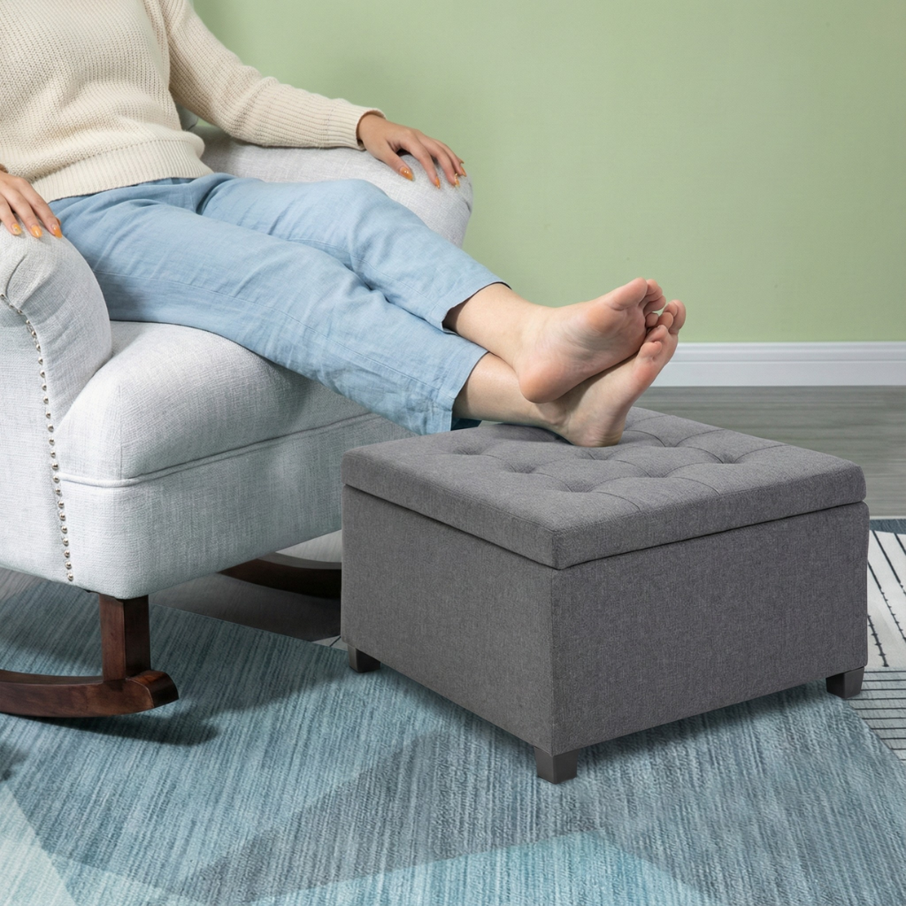 Elegant Lift-Top Storage Ottoman Bench with Tufted Fabric & Rubberwood Frame – Modern Living Room Accent | Trufairs