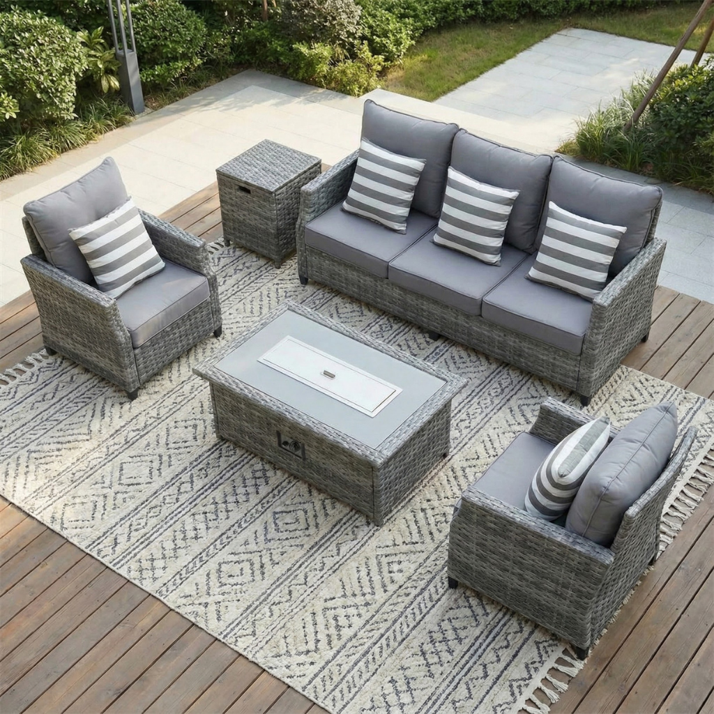 Contemporary Wicker Fire Pit Sectional – 5-Piece Patio Seating Set | Gray Cushions | Trufairs