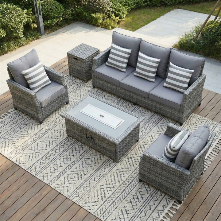 Contemporary Wicker Fire Pit Sectional – 5-Piece Patio Seating Set | Gray Cushions | Trufairs