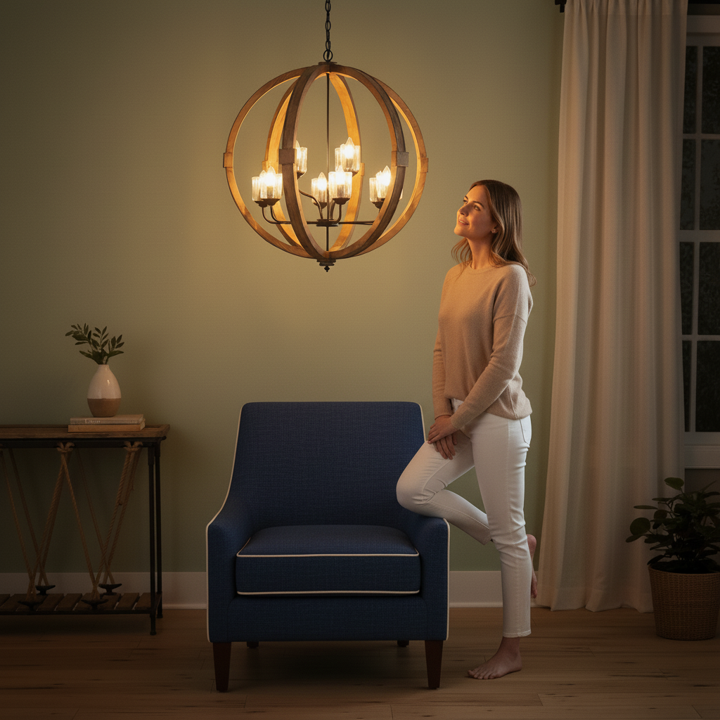 9- Light Globe Chandelier, Wood Chandelier Hanging Light Fixture with Adjustable Chain for Kitchen Dining Room Foyer Entryway, Bulb Not Included