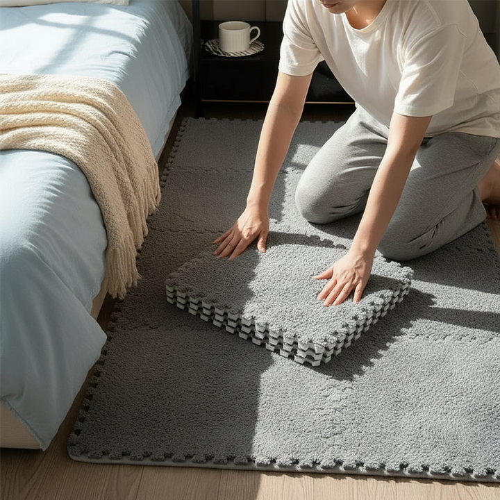 Soft Interlocking Shaggy Carpet Mats - Protective Floor Tiles for Kids' Play & Exercise; Home Parlor; Bedroom - Fluffy Area Rugs by Smabee