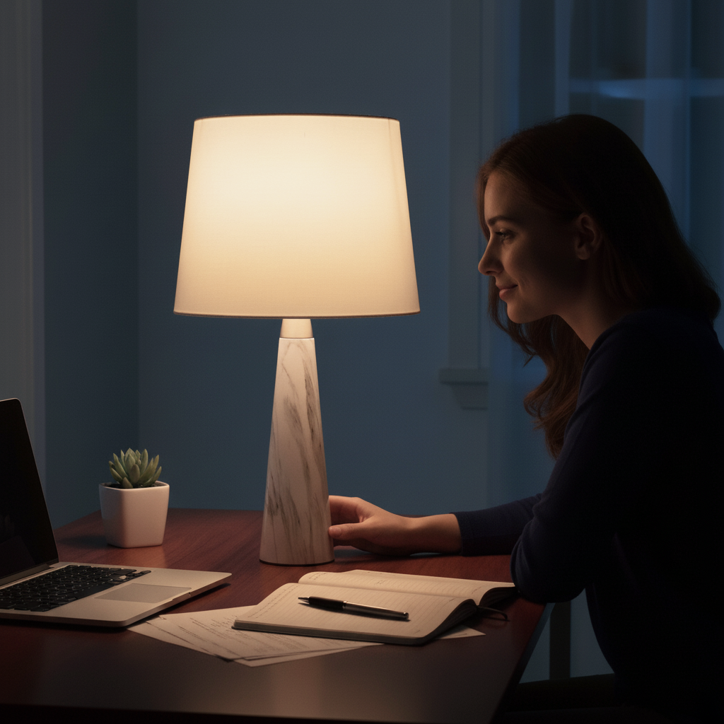 Enclave Hydro White Table Lamp with On/Off Switch Faux Marble Base Fabric Shade