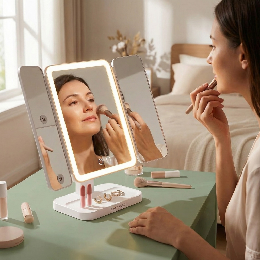 EASEHOLD Tri-Fold Lighted Makeup Mirror with 72 LEDs & 1X/2X/3X Magnification,Rechargeable Vanity Mirror | Trufairs