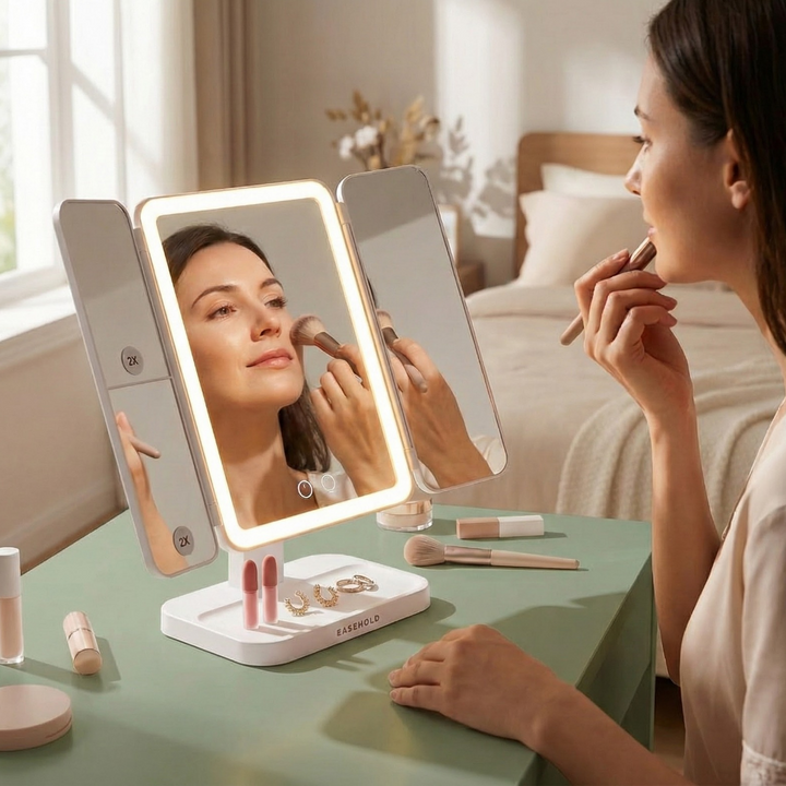 EASEHOLD Tri-Fold Lighted Makeup Mirror with 72 LEDs & 1X/2X/3X Magnification,Rechargeable Vanity Mirror | Trufairs