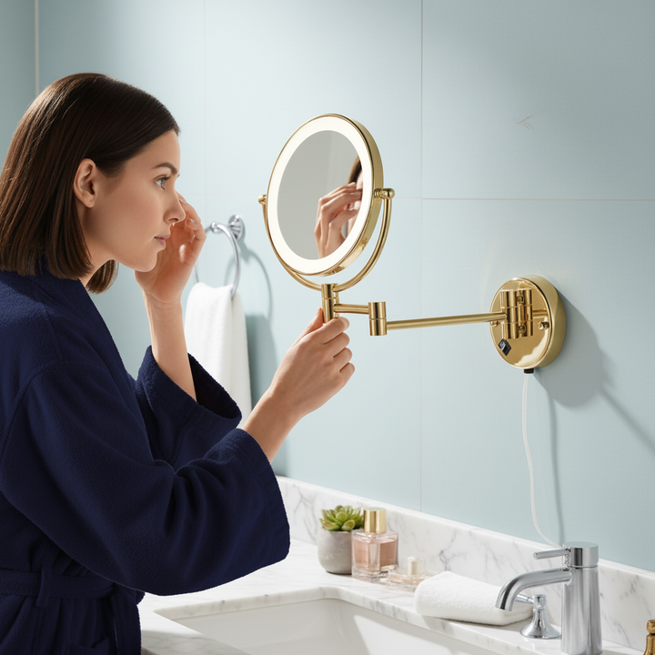 8 Inch LED Wall Mount Two-Sided Magnifying Makeup Vanity Mirror 12 Inch Extension Gold Finish 1X/3X Magnification Plug 360 Degree Rotation Waterproof Button Shaving Mirror
