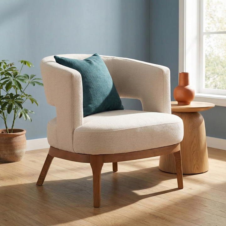 Beige Upholstered Accent Chair – Polyester Fabric & Ash Wood Frame | Living Room & Dining | Trufairs