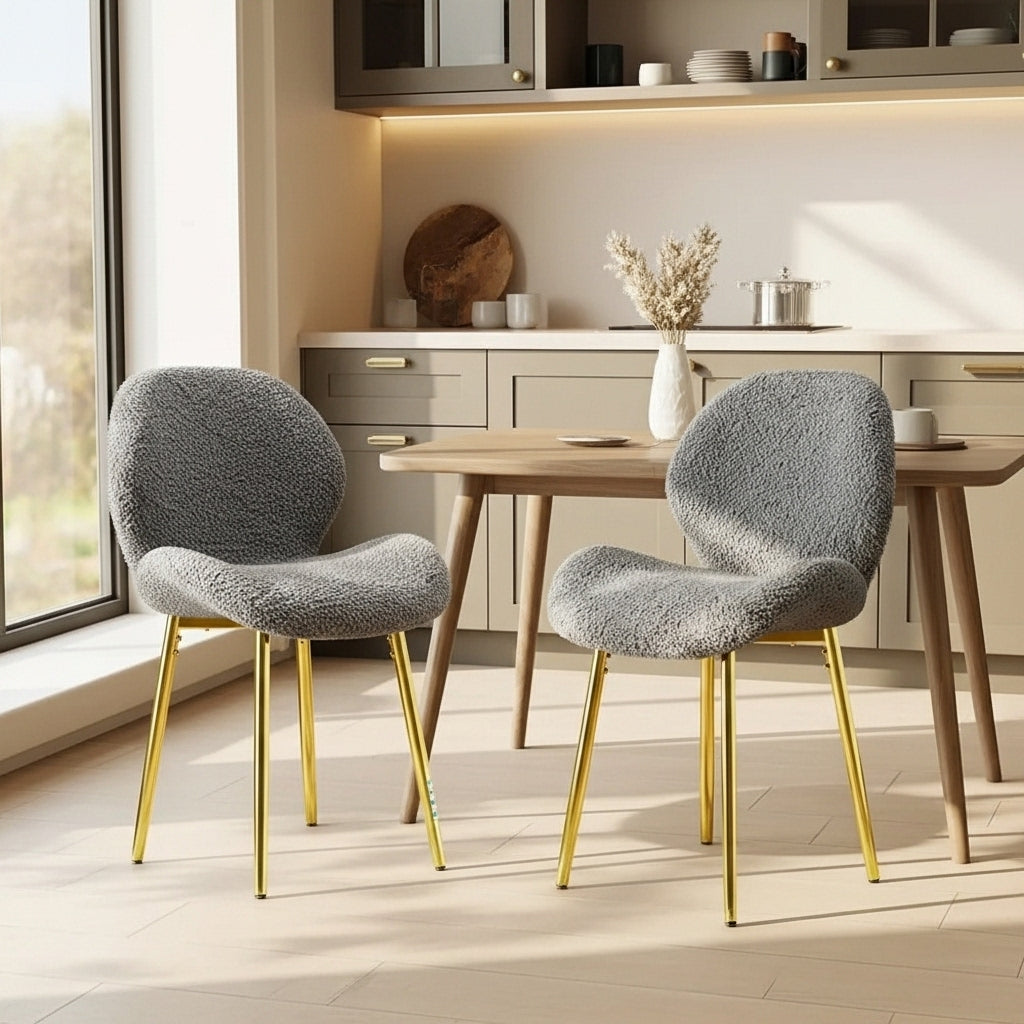 Modern Minimalist White Teddy Velvet Dining Chairs Set of 2 with Gold Metal Legs | Trufairs