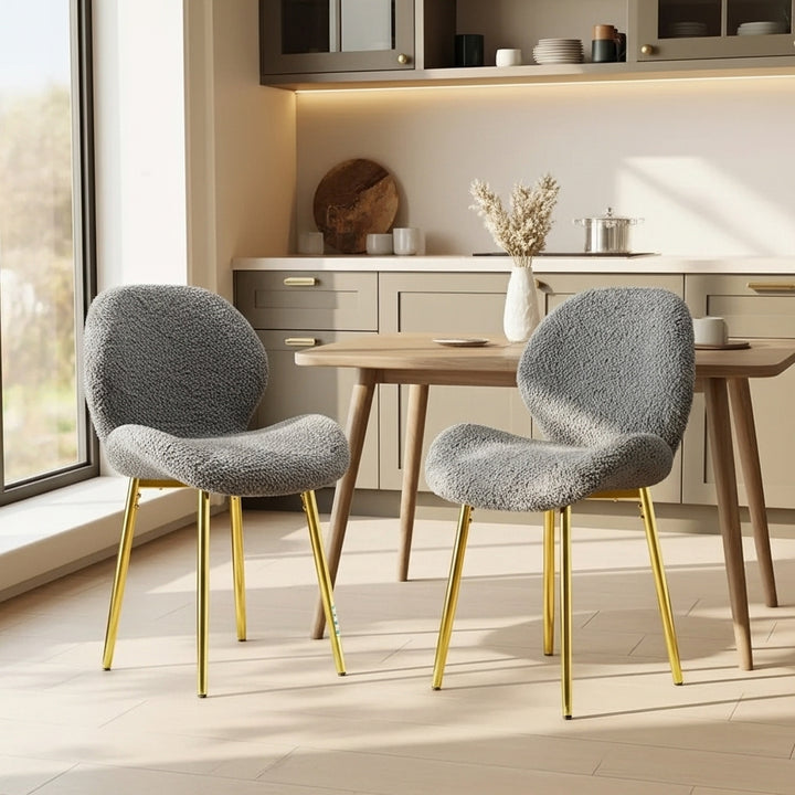 Modern Minimalist White Teddy Velvet Dining Chairs Set of 2 with Gold Metal Legs | Trufairs