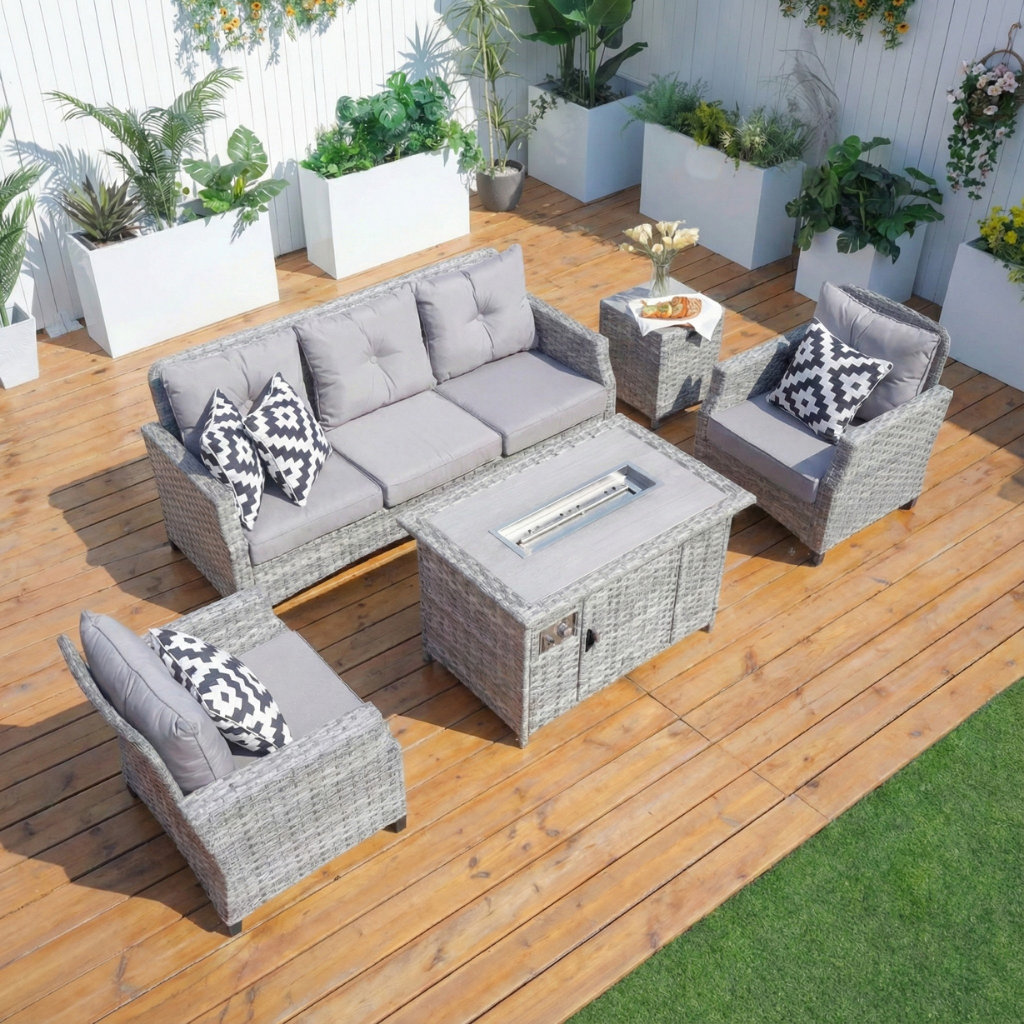 Contemporary Wicker Fire Pit Sectional – 5-Piece Patio Seating Set | Gray Cushions | Trufairs