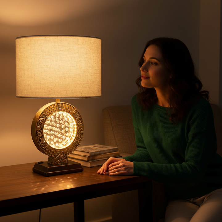 28" Antique polyresin Table Lamp WITH FLOATING CRYSTAL DECOR ON CENTER