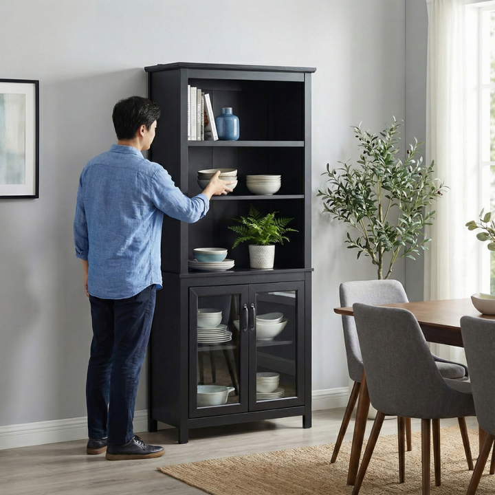 HOMCOM 71" Glass Door Hutch Cabinet – Adjustable Shelves Storage | Modern Home Organization | Trufairs