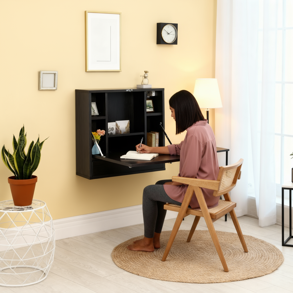 HOMCOM Wall Mounted Desk Black Floating with Storage Shelves Foldable Tabletop Space Saving Design