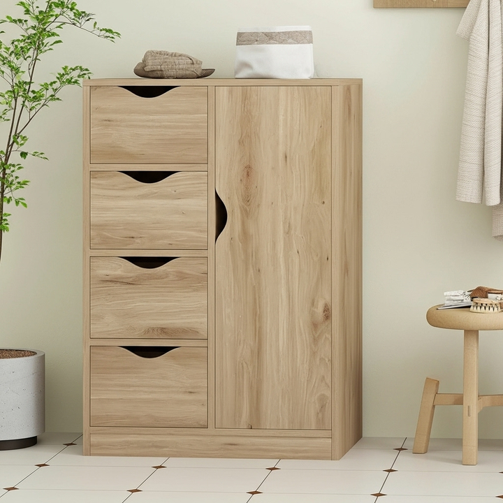 Multifunction Oak Storage Cabinet with 4 Drawers & Cupboard – Freestanding Organizer for Living Room, Bathroom & Bedroom | Trufairs