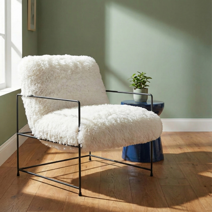 Plush Accent Chair – White Faux Fur Upholstery & Black Steel Legs | Living Room Furniture | Trufairs
