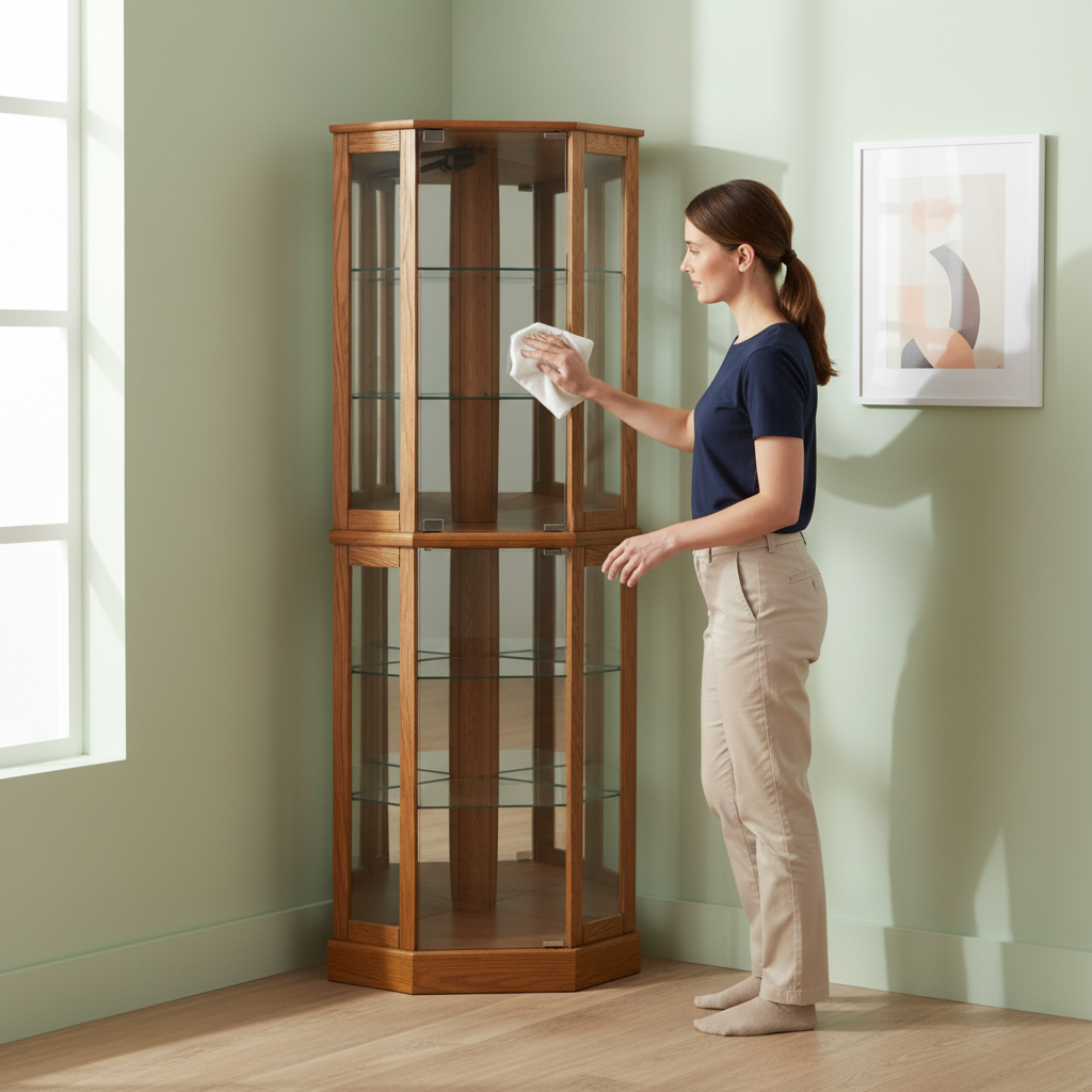 6 Shelf Corner Curio Display Cabinet with Lights, Mirrors and Adjustable Shelves, Oak(E26 light bulb not included)