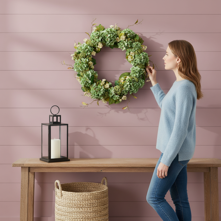 Green Hydrangea Seedum Wreath – Fresh Spring Circle Accent | Artificial Floral Decor | Trufairs