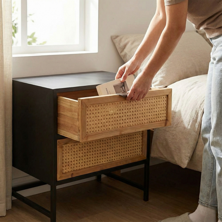 Modern Wood & Rattan Nightstand with 2 Drawers – Sleek Storage Table for Bedroom | Scandinavian Boho Decor | Trufairs