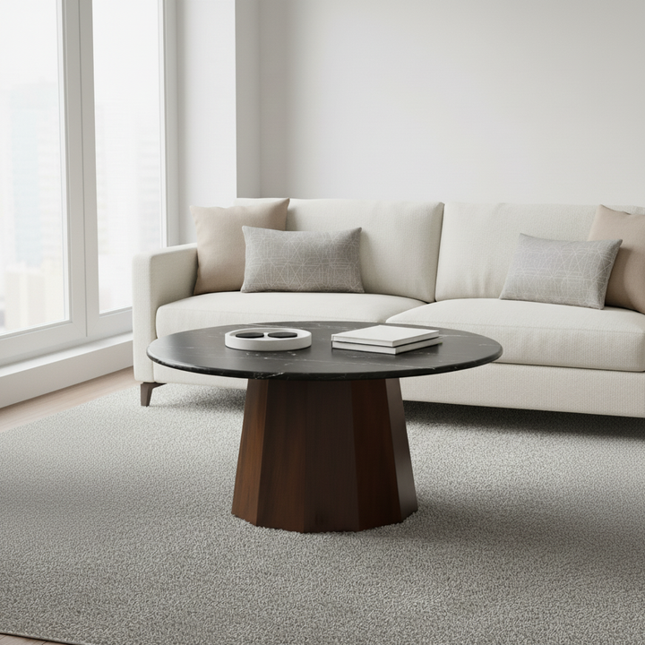 Modern Round Coffee Table – Elegant Black Marble & Warm Wood | Living Room Furniture | Trufairs
