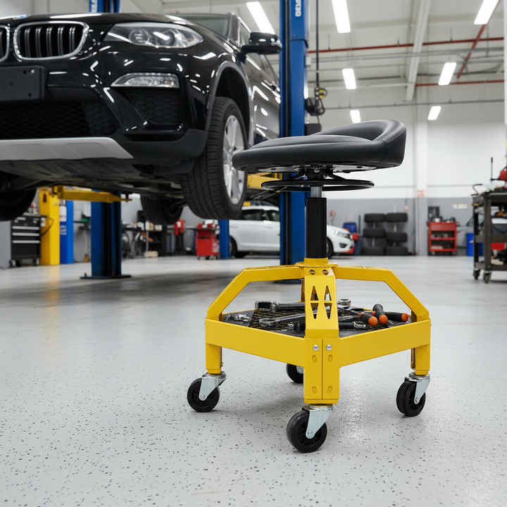 300 lbs Rolling Garage Stool – Adjustable 24"–28.7" Height Mechanic Seat with 360° Casters & Tool Tray | Trufairs