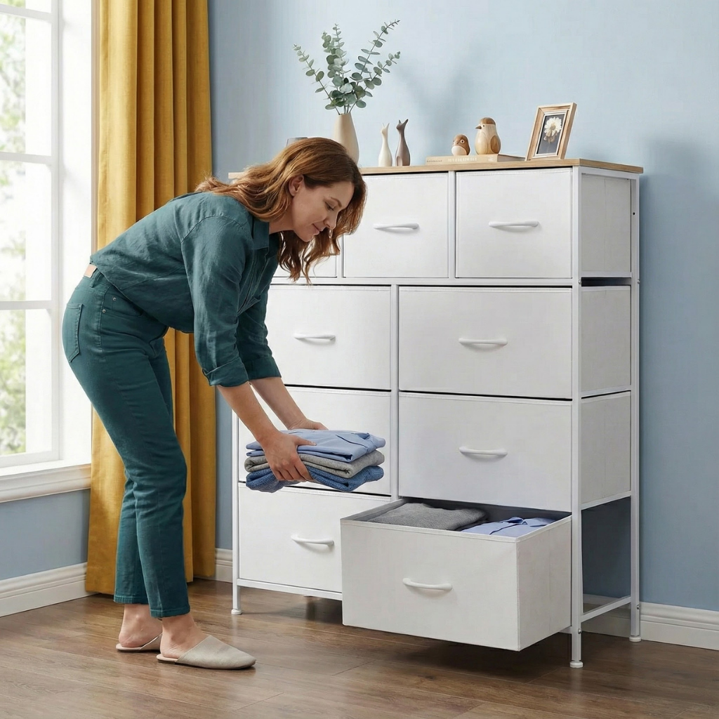 Tall 9-Drawer Fabric Dresser – Metal Frame, Wooden Top Organizer | Bedroom & Nursery Storage Tower | Trufairs